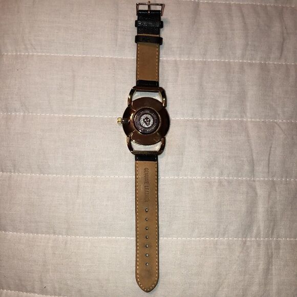 AK Gold Tone Rhinestone Wrist Watch Black Genuine Leather Strap main image 10